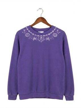 (L) Alia Petite Soft Purple Embroidered Fleece Pullover Floral Sweatshirt Top